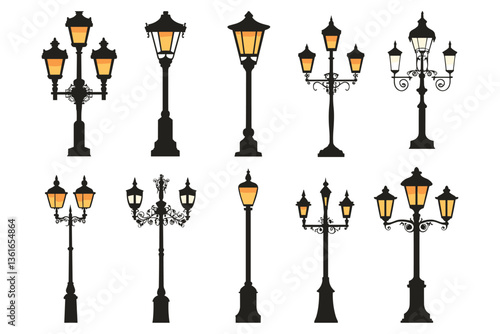 Street lamp post set vector in flat style, isolated in white background. Silhouette street lamp collection set. Outdoor city lighting fixtures with a retro modern design for sidewalks in urban or town