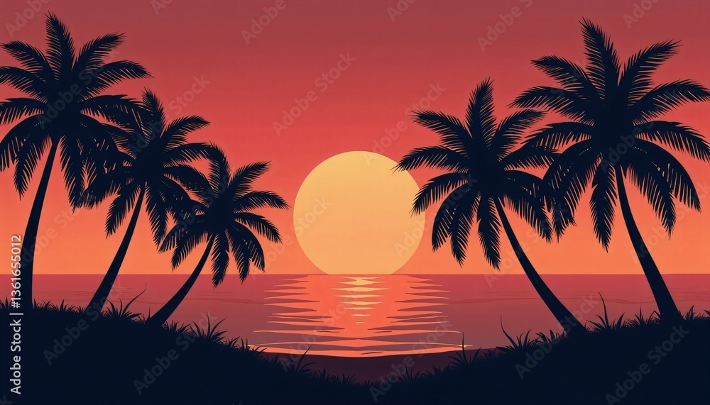 Silhouetted palm trees at sunset over the ocean. Silhouetted palm trees at sunset over the ocean.