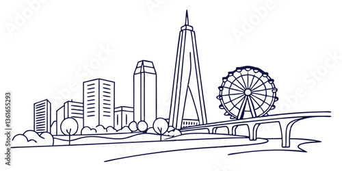A minimalist one-line drawing of the Oklahoma City skyline, featuring the Devon Tower and Skydance Bridge in a sleek, continuous-line style.