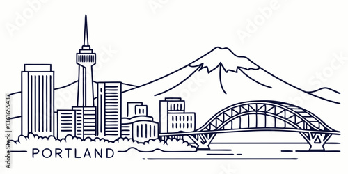 Portland skyline, capturing Mount Hood in the background and iconic bridges in a sleek, continuous-line style.
