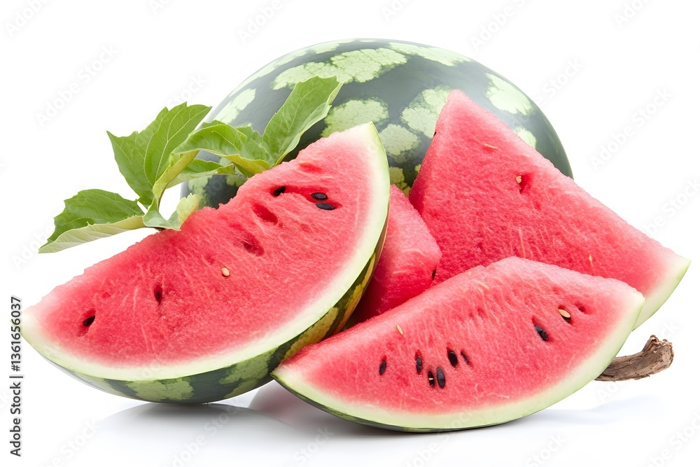 Juicy Watermelon Slices with Rind and Leaves Juicy Watermelon Slices with Rind and Leaves