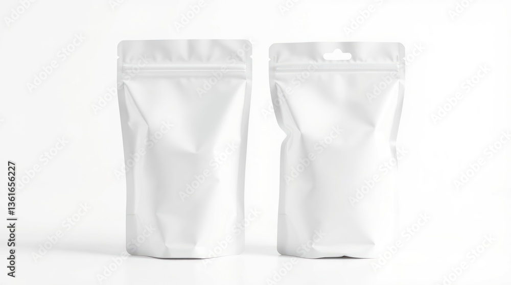 Two White Stand-up Pouches with Zippers for Product Packaging Mockup Two White Stand-up Pouches with Zippers for Product Packaging Mockup