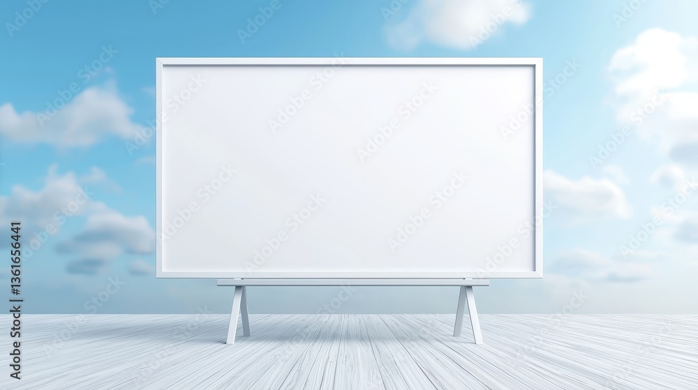 Obraz premium Blank billboard on wooden floor with blue sky background, perfect for advertising and display