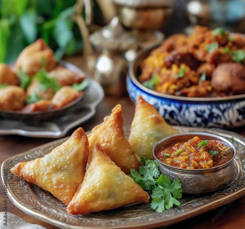 Close-up of golden, crispy samosas with fresh herbs and spiced dip on a decorative plate. Close-up of golden, crispy samosas with fresh herbs and spiced dip on a decorative plate.