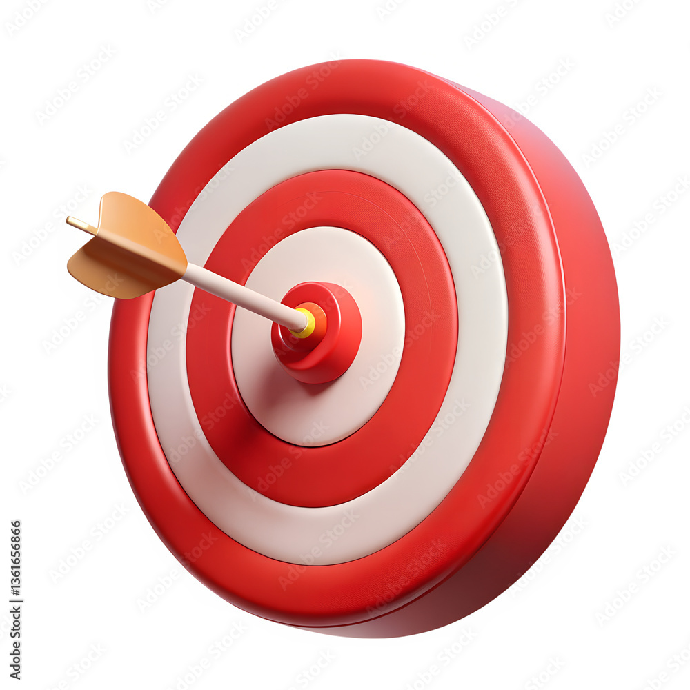 A red dart hits the center bullseye of a 3D target, symbolizing business success and aiming accuracy in the marketing game A red dart hits the center bullseye of a 3D target, symbolizing business success and aiming accuracy in the marketing game