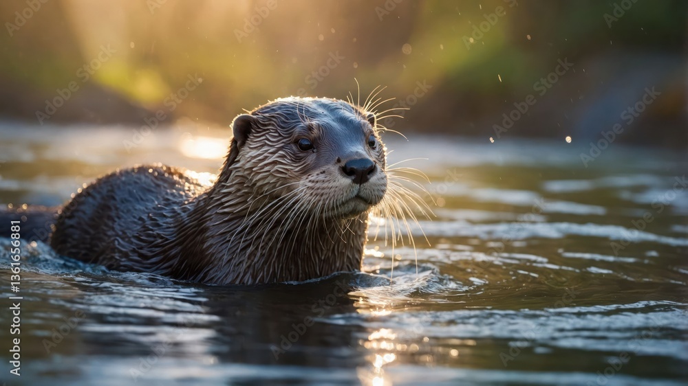 A playful otter swimming in a serene water setting, illuminated by soft sunlight. A playful otter swimming in a serene water setting, illuminated by soft sunlight.