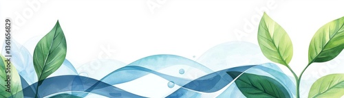 A serene design featuring green leaves and blue water waves, ideal for nature themes.