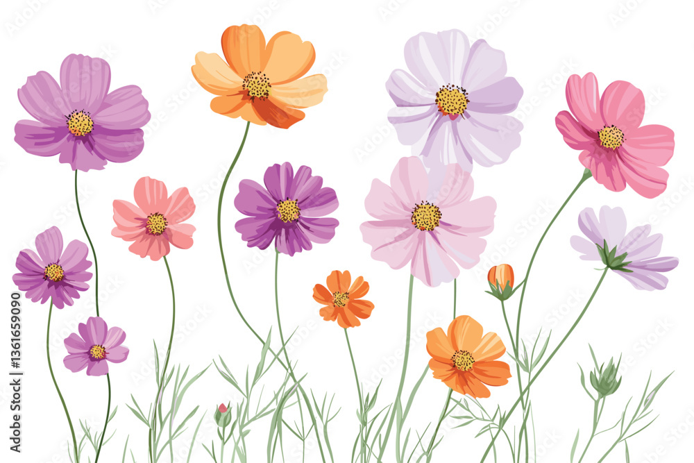 Set of cosmos flower vector illustrations with a white background, in pastel colors of pink, purple, orange, and light green. Flat design, detailed concept art, high-resolution photography, and high-q Set of cosmos flower vector illustrations with a white background, in pastel colors of pink, purple, orange, and light green. Flat design, detailed concept art, high-resolution photography, and high-q