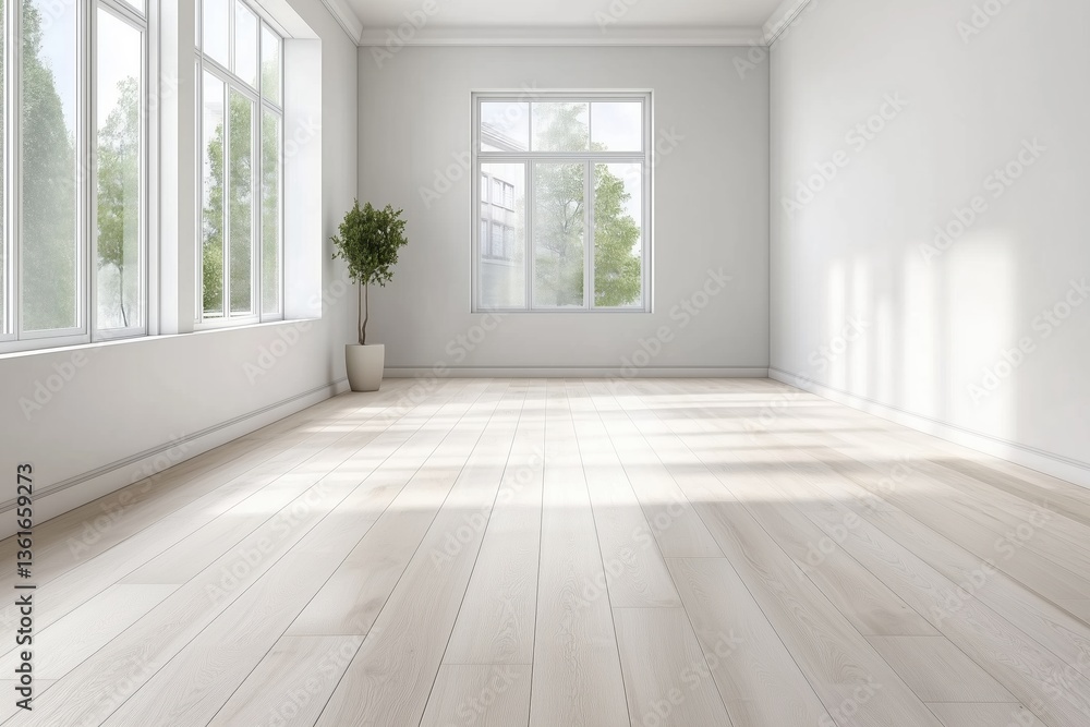 Fototapeta premium Empty bright room with light wooden floor and large windows. real estate and interior concept