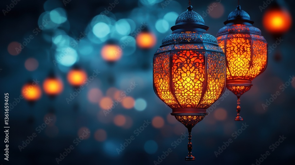 Two ornate, glowing lanterns hang against a bokeh background of lights. Two ornate, glowing lanterns hang against a bokeh background of lights.
