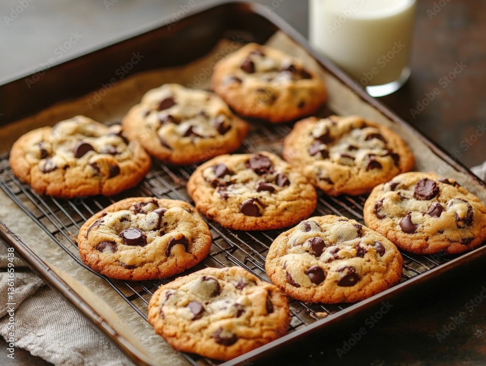 Freshly baked chocolate chip cookies on a baking tray Freshly baked chocolate chip cookies on a baking tray