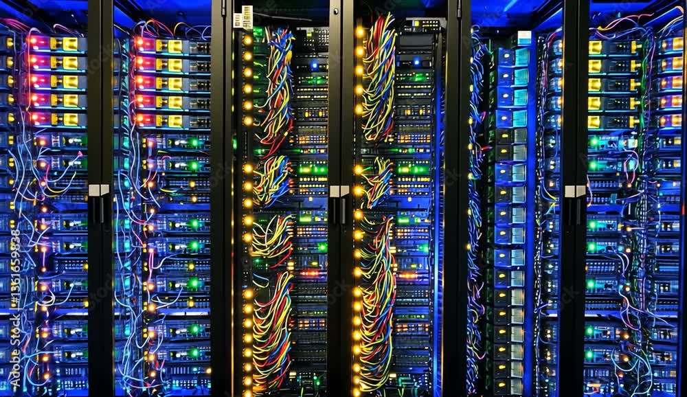 Server Rack Led Lights Colorful server racks illuminated with LED lights in a data center ...