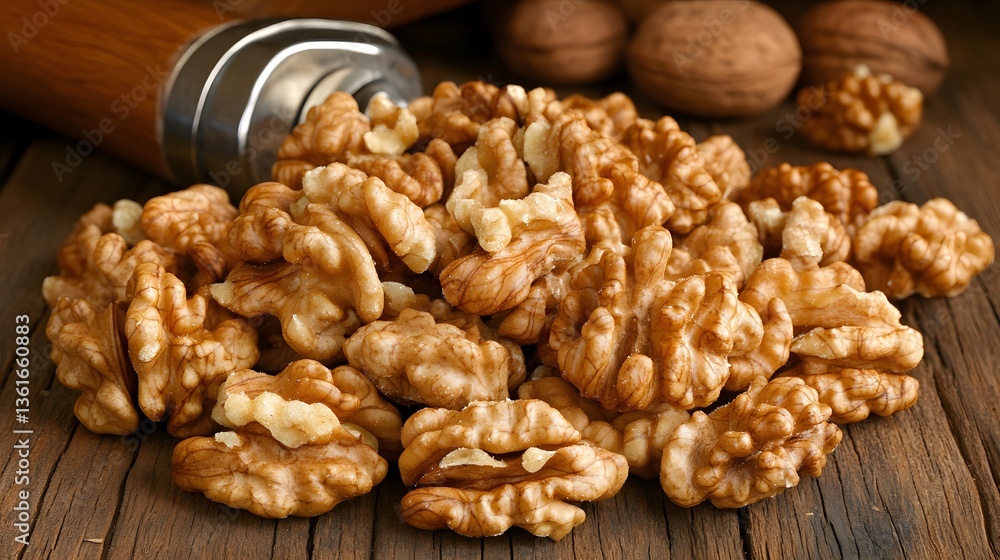 Closeup of Delicious Brown Walnuts on Wooden Surface Closeup of Delicious Brown Walnuts on Wooden Surface