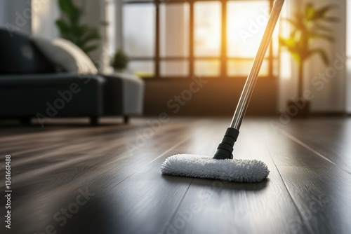 Wallpaper Mural Cleaning dark wooden floor with mop during golden hour. home maintenance Torontodigital.ca