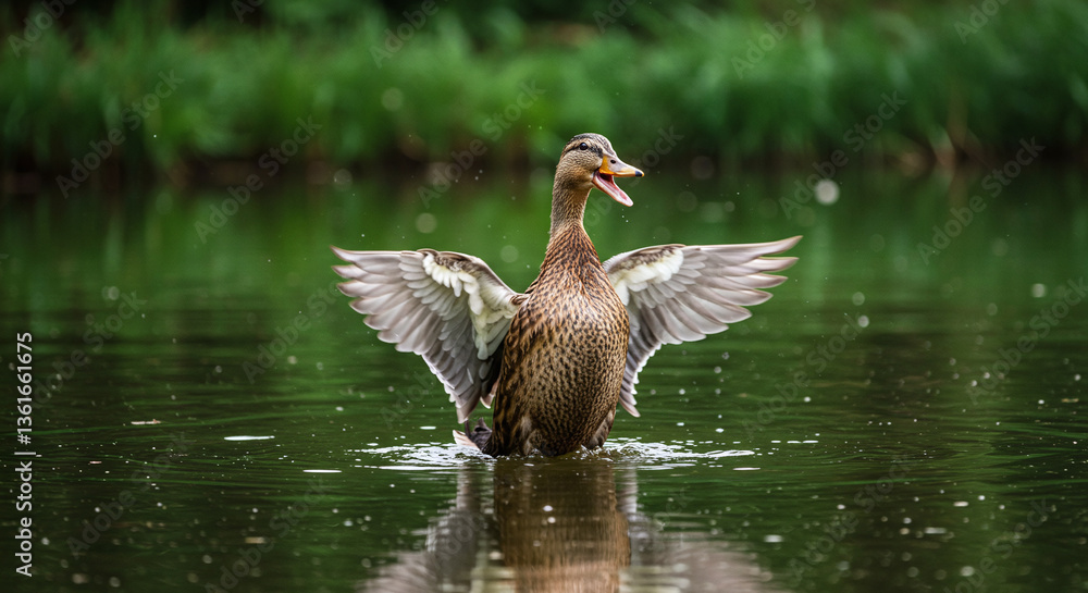 Fototapeta premium Duck spreading wings in a serene pond 