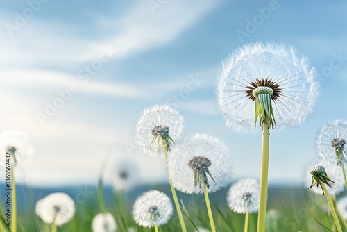 Dandelion heads against soft blue sky. growth and environmental beauty