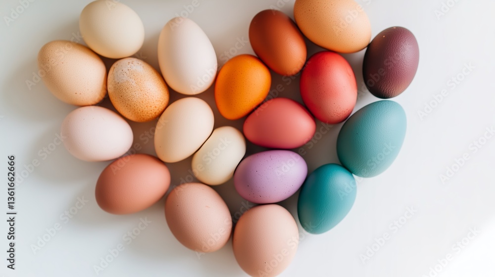 Colorful arrangement of various eggs creating a vibrant heart shape on a neutral background during a spring celebration Colorful arrangement of various eggs creating a vibrant heart shape on a neutral background during a spring celebration