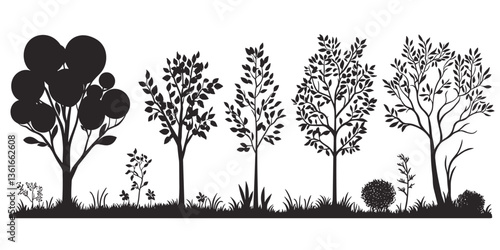 Set of black vector tree silhouettes on a white background, Detailed tree silhouettes of various trees on white background, Detailed tree silhouettes