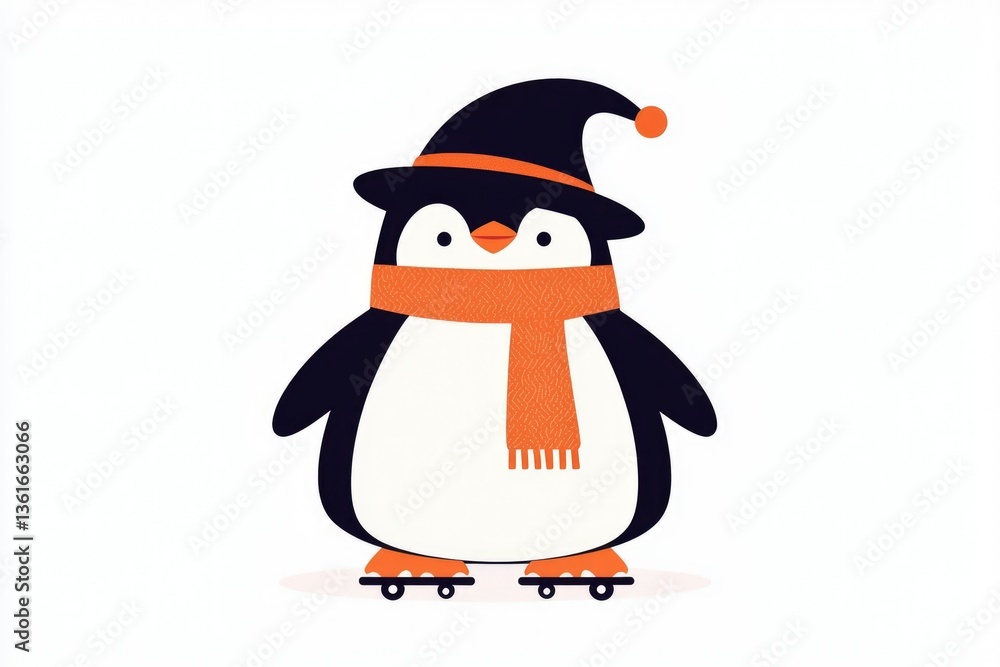 Fototapeta premium Cute penguin wearing a hat and scarf on roller skates