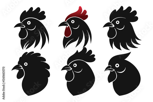 Set of Silhouetted Rooster Heads