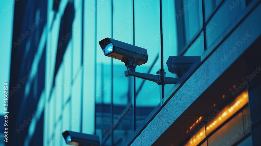 Two security cameras mounted on a modern building at dusk. Two security cameras mounted on a modern building at dusk.