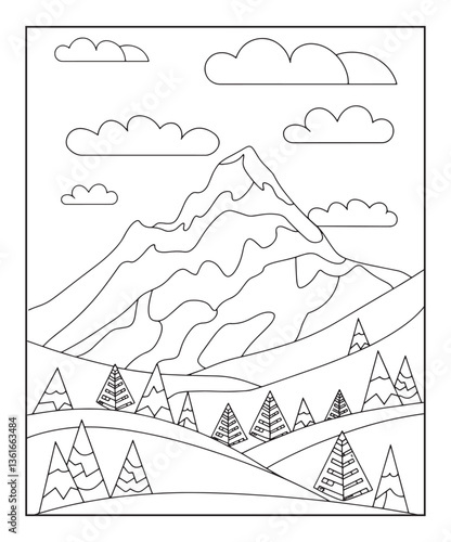 Mountain outdoor scenery coloring page for kids, black line art vector illustration on white background 