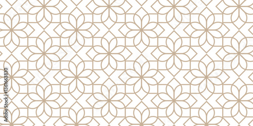 Geometric linear floral tile pattern. Wedding design with gold lines on white background. Seamless vector pattern of thin gold and white lines. Luxurious oriental art deco texture background.