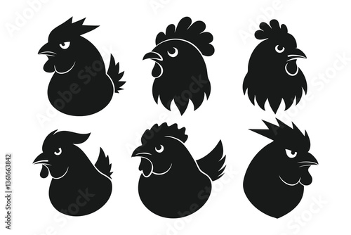 Set of Silhouetted Rooster Heads