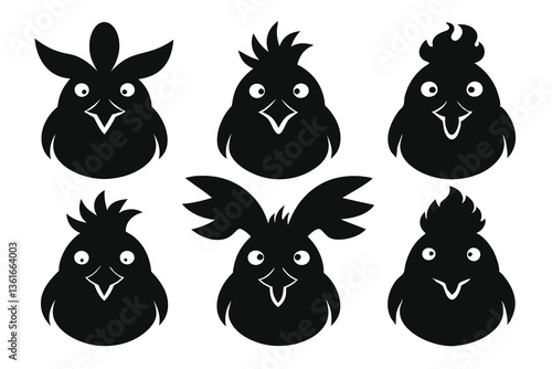 Set of Silhouetted Rooster Heads