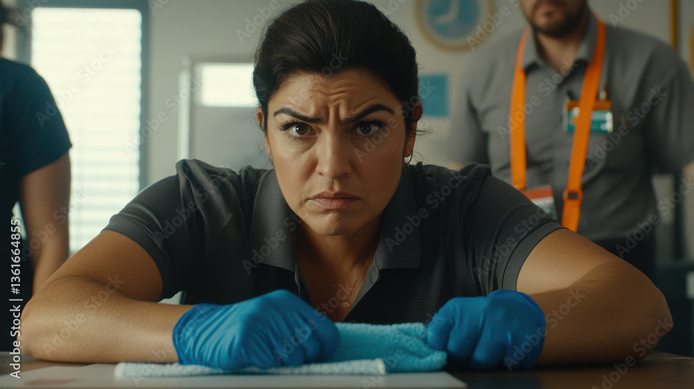 A determined woman in a gray uniform, wearing blue gloves, intensely cleans a surface, isolated on a transparent background. A determined woman in a gray uniform, wearing blue gloves, intensely cleans a surface, isolated on a transparent background.