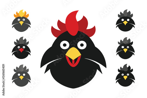 Set of Silhouetted Rooster Heads