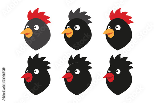 Set of Silhouetted Rooster Heads