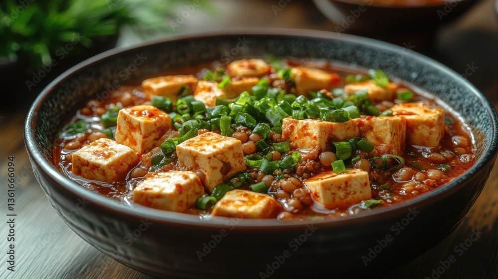 A delicious bowl of tofu and ground meat in a sauce A delicious bowl of tofu and ground meat in a sauce