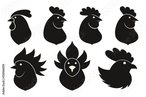Set of Silhouetted Rooster Heads