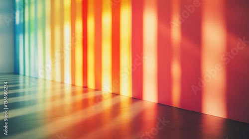 Vibrant wall of color meets warm light on a wooden floor. A cheerful, modern interior design creates a welcoming space