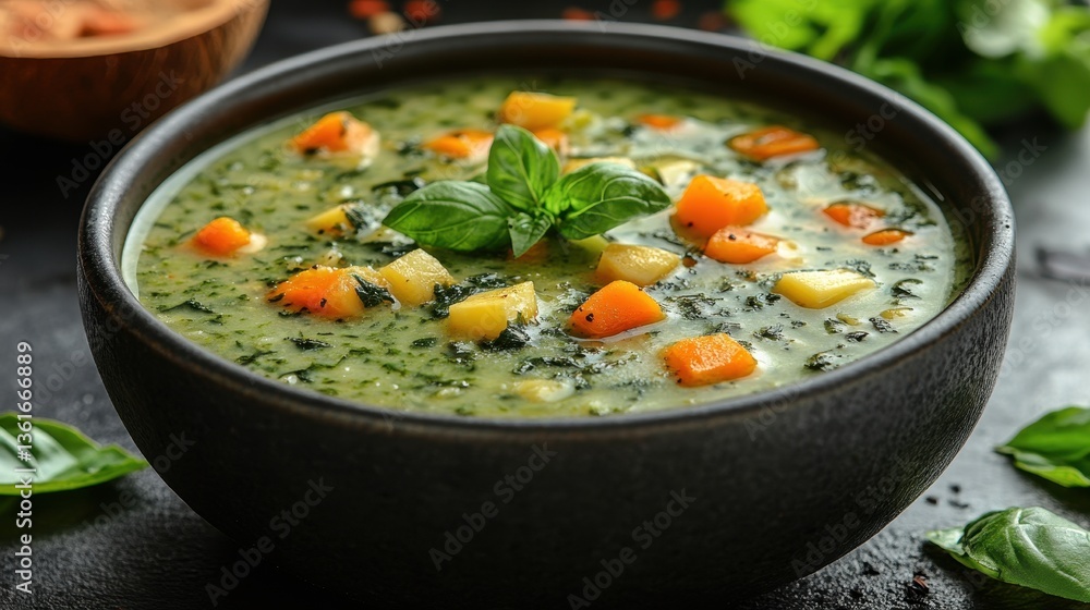 A close up view of a bowl of healthy green vegetable soup A close up view of a bowl of healthy green vegetable soup