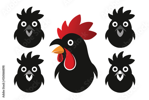 Set of Silhouetted Rooster Heads