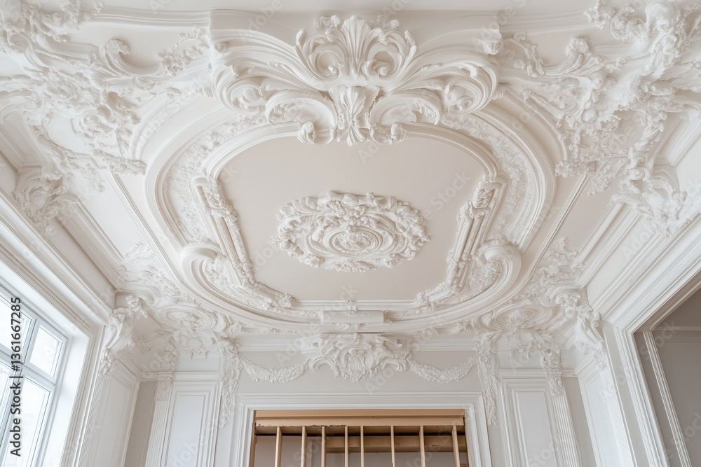 Ornate white ceiling with intricate plasterwork. historical interior decor Ornate white ceiling with intricate plasterwork. historical interior decor