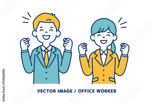 笑顔でガッツポーズをする、男女の会社員のシンプルなベクターイラスト素材＿線の編集可能