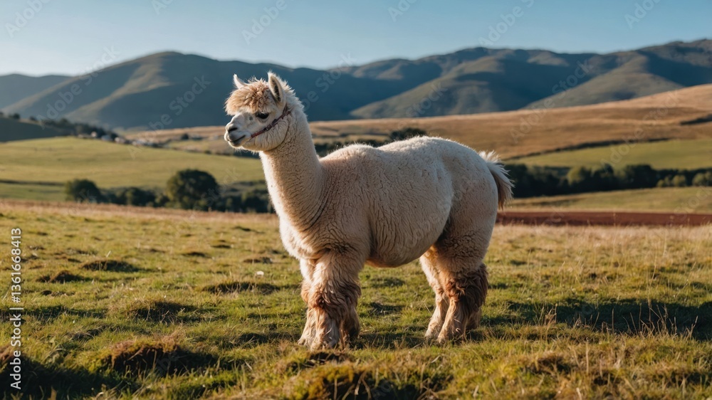 Fototapeta premium A fluffy alpaca stands in a lush green field with mountains in the background.