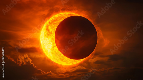 Dramatic view of a partial solar eclipse during a fiery sunset