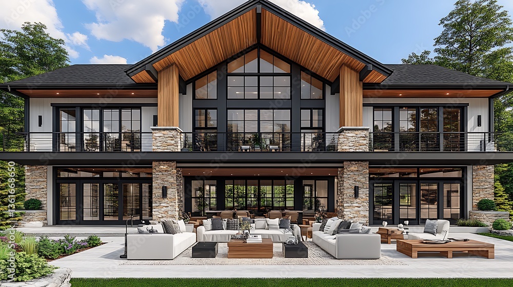 Fototapeta premium Modern luxury home with expansive outdoor patio.