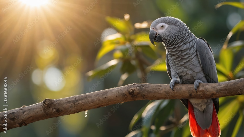 Fototapeta premium A grey parrot perched on a branch, illuminated by sunlight in a lush environment.