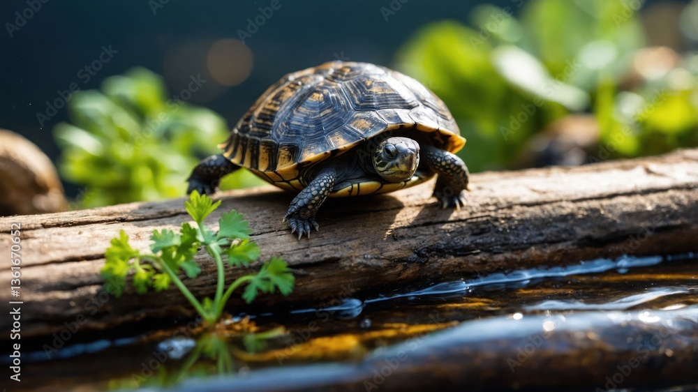 Obraz premium A turtle resting on a log near water, surrounded by greenery.