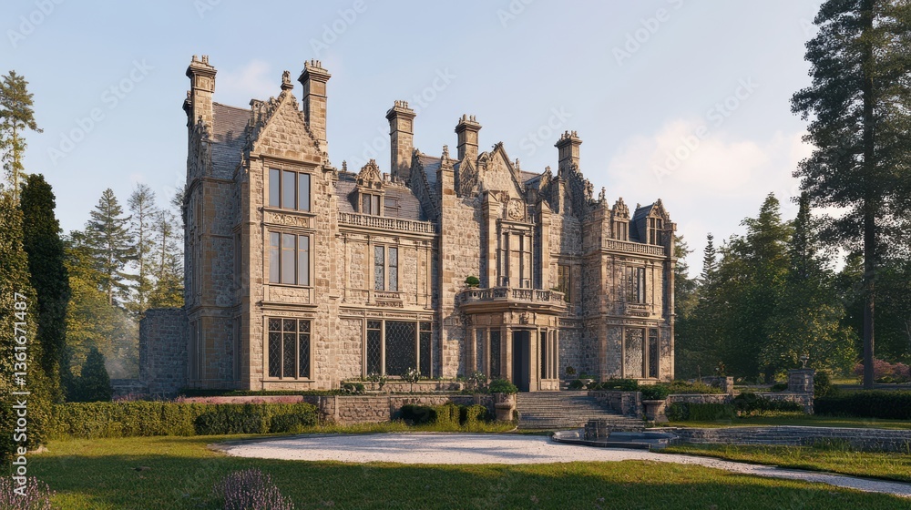 Fototapeta premium Majestic stone mansion surrounded by lush greenery and serene landscape