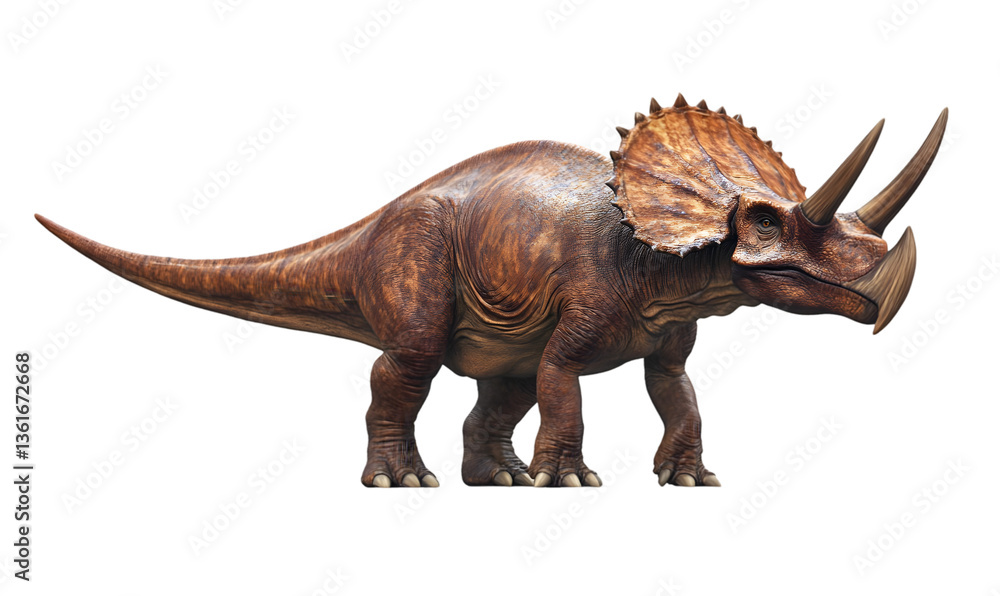 Fototapeta premium Realistic depiction of a large brown triceratops dinosaur with three horns.