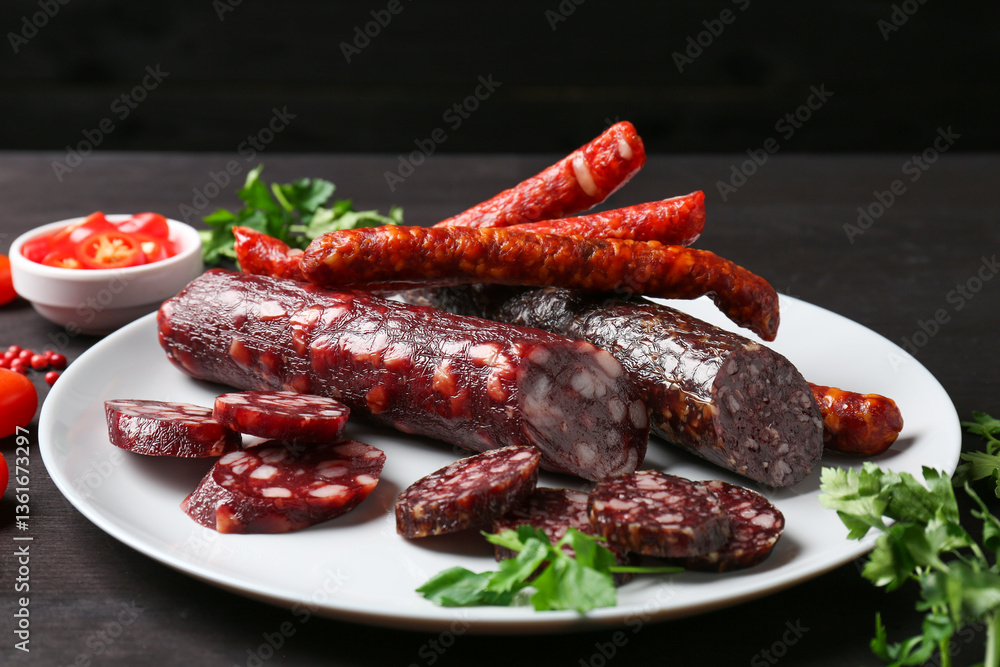 Different smoked sausages and spices on dark wooden table, closeup Different smoked sausages and spices on dark wooden table, closeup