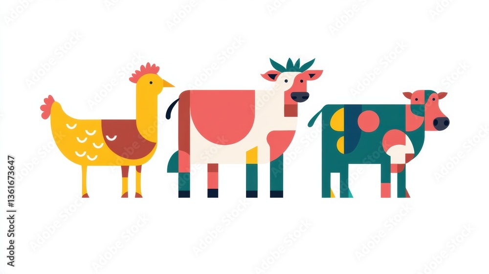 Fototapeta premium Playful geometric illustration of cow, pig, and chicken in vibrant colors, showcasing a minimalist design concept Generative AI