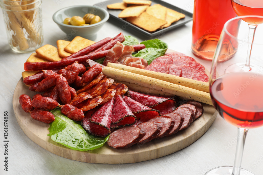 Different smoked sausages and other snacks served with wine on white table, closeup Different smoked sausages and other snacks served with wine on white table, closeup