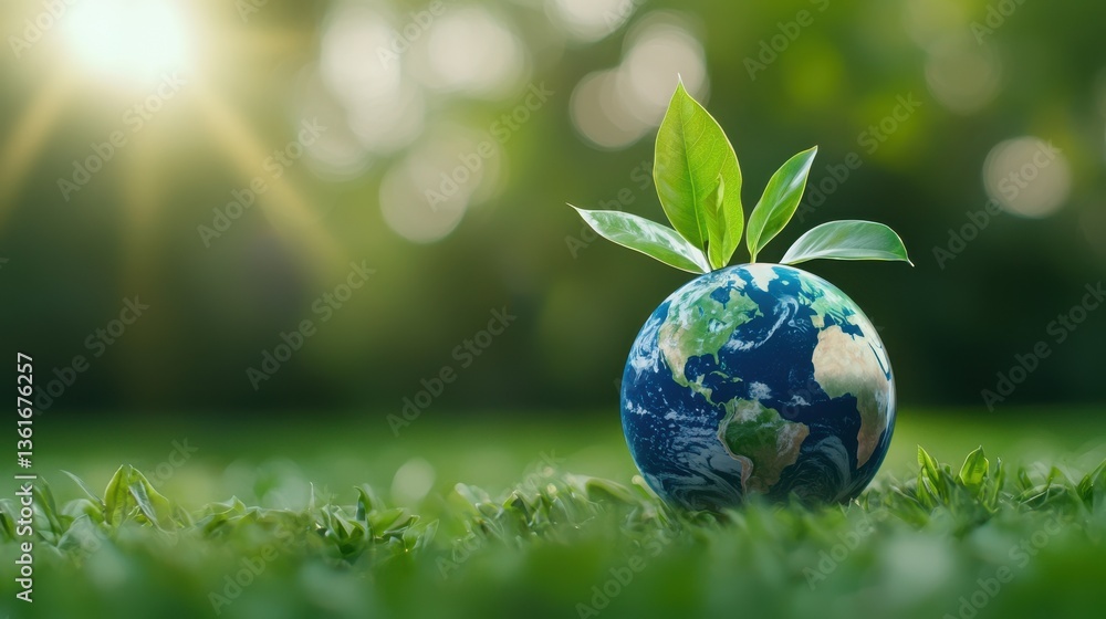 Sustainable Future Represented by Earth Globe with Green Leaves Growing on Lush Grass Field in Natural Outdoor Environment Concept of Renewable Energy Eco Friendly Living Sustainable Future Represented by Earth Globe with Green Leaves Growing on Lush Grass Field in Natural Outdoor Environment Concept of Renewable Energy Eco Friendly Living